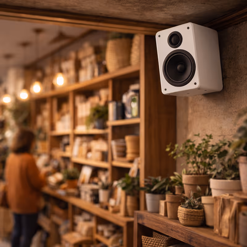White wall-mounted speaker in a cozy shop with wooden shelves and potted plants, with a person browsing in the background.