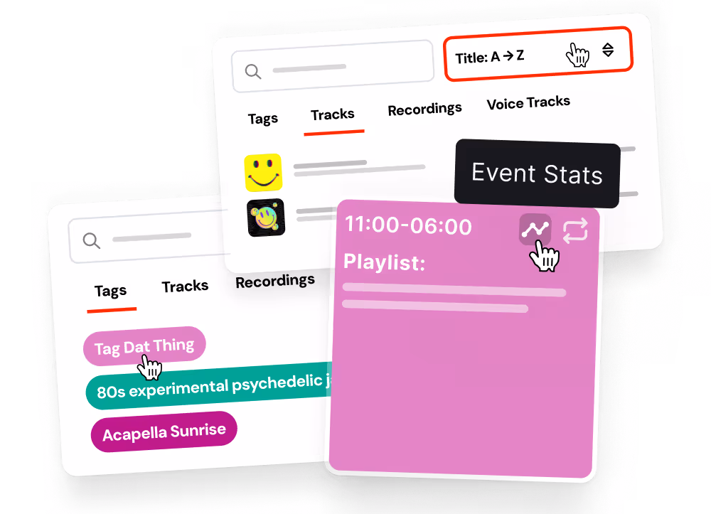 The Radio.co user interface showing tabs labeled Tags, Tracks, Recordings, and Voice Tracks with coluorful tags and playlists, and cursor icons indicating interaction with sorting and event stats.