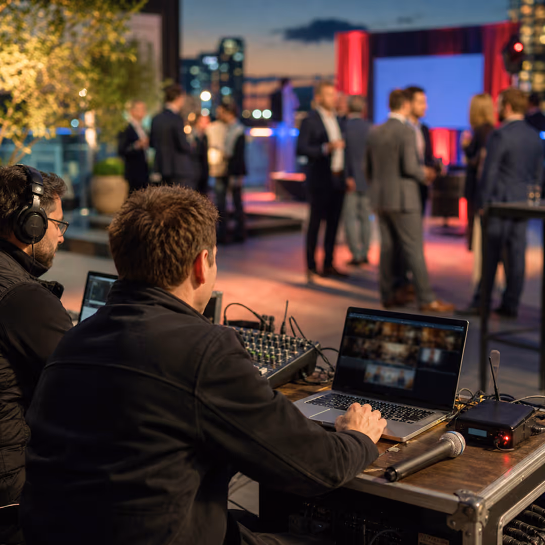 Two men operating audio and video equipment at a business event with people mingling in the background.