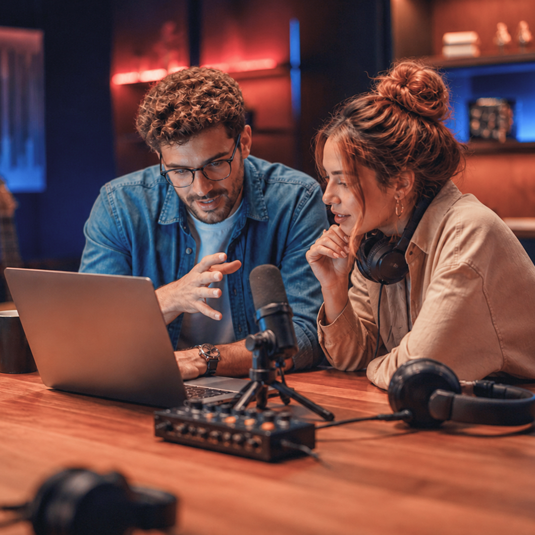 Man and woman discussing while looking at a laptop with podcast recording equipment on the table.