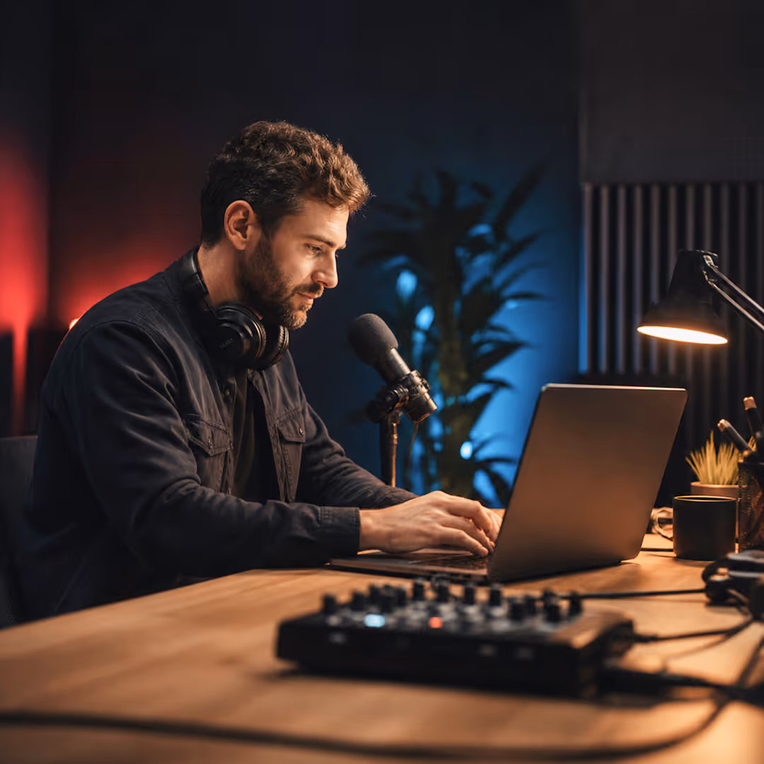 Man with headphones around his neck working on a laptop in a dimly lit recording studio with a microphone and audio mixer.