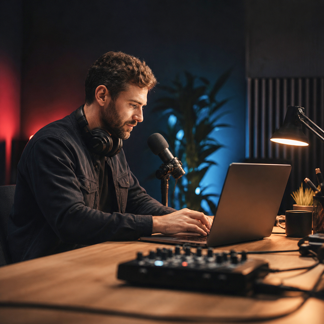 Man with headphones around his neck working on a laptop in a dimly lit recording studio with a microphone and audio mixer.