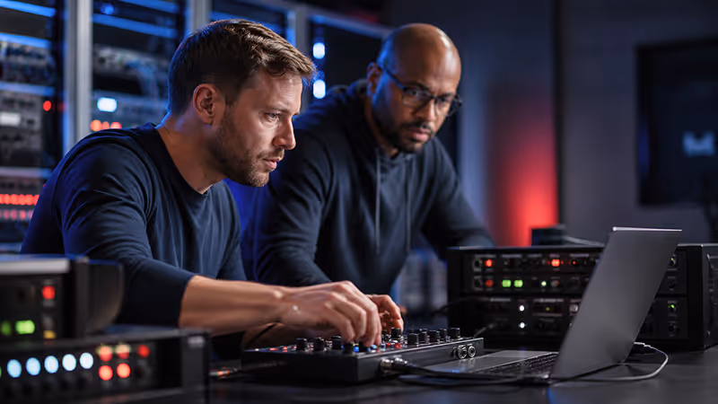 Two men working with audio equipment and a laptop in a recording or sound engineering studio.