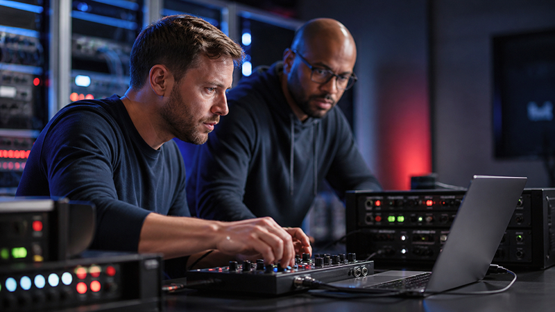 Two men working with audio equipment and a laptop in a recording or sound engineering studio.
