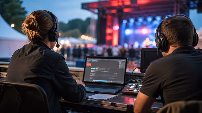 Two event technicians wearing headsets operating sound and lighting equipment at an outdoor concert during dusk.