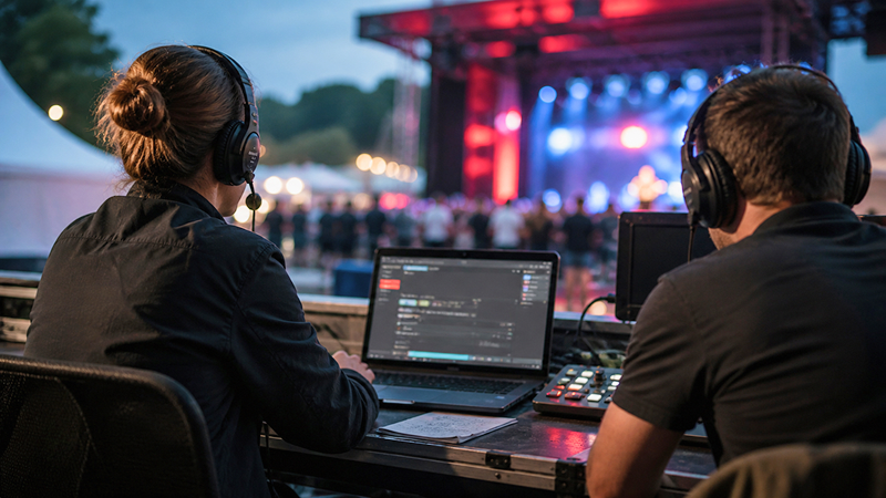 Two event technicians wearing headsets operating sound and lighting equipment at an outdoor concert during dusk.