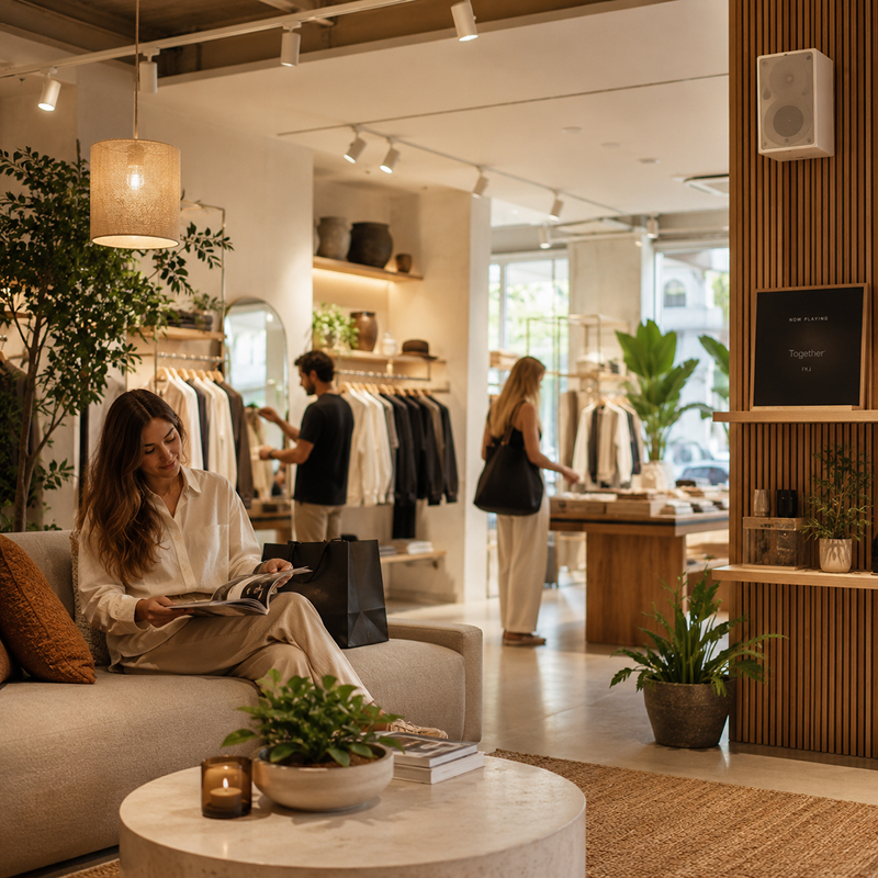 Woman sitting on a couch reading a magazine in a modern clothing store with two shoppers browsing racks.