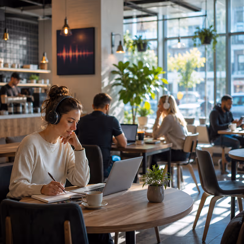 Woman wearing headphones writing in notebook while using laptop in a bright café with others.