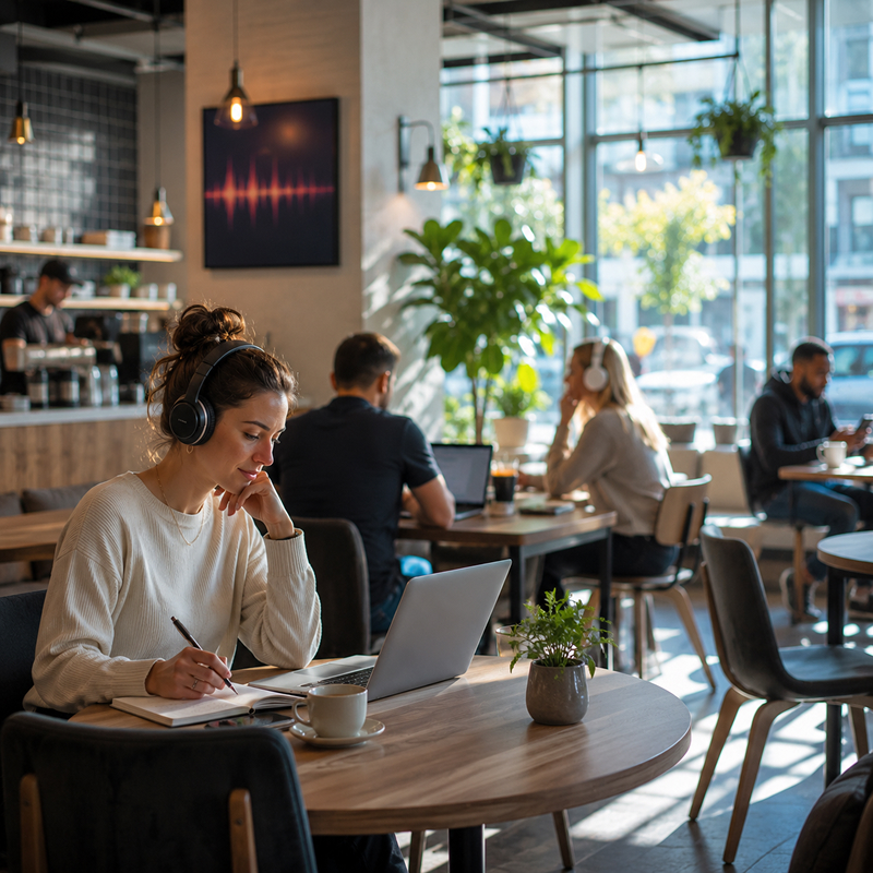 Woman wearing headphones writing in notebook while using laptop in a bright café with others.