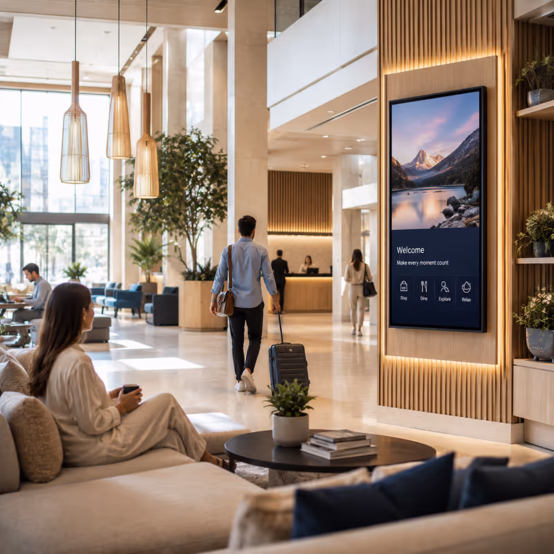 Hotel lobby with guests, modern decor, and digital sign showing mountain welcome message.