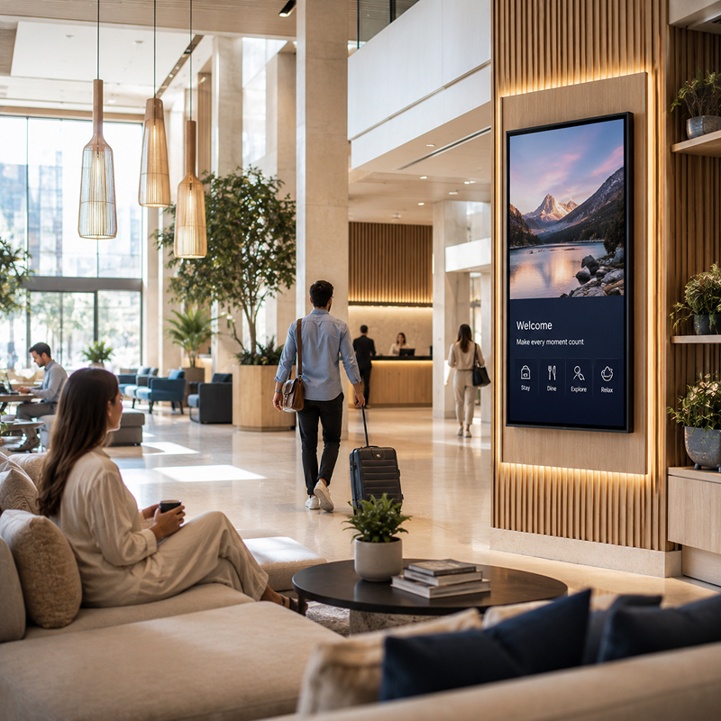 Hotel lobby with guests, modern decor, and digital sign showing mountain welcome message.