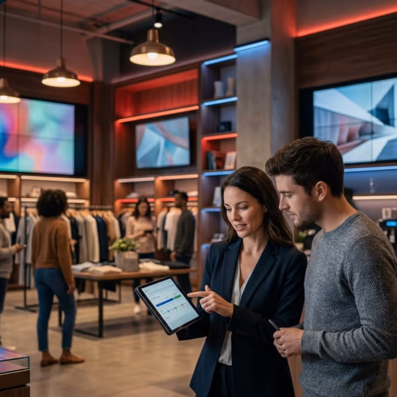 Woman showing a man data on a tablet inside a modern clothing store with customers in background.