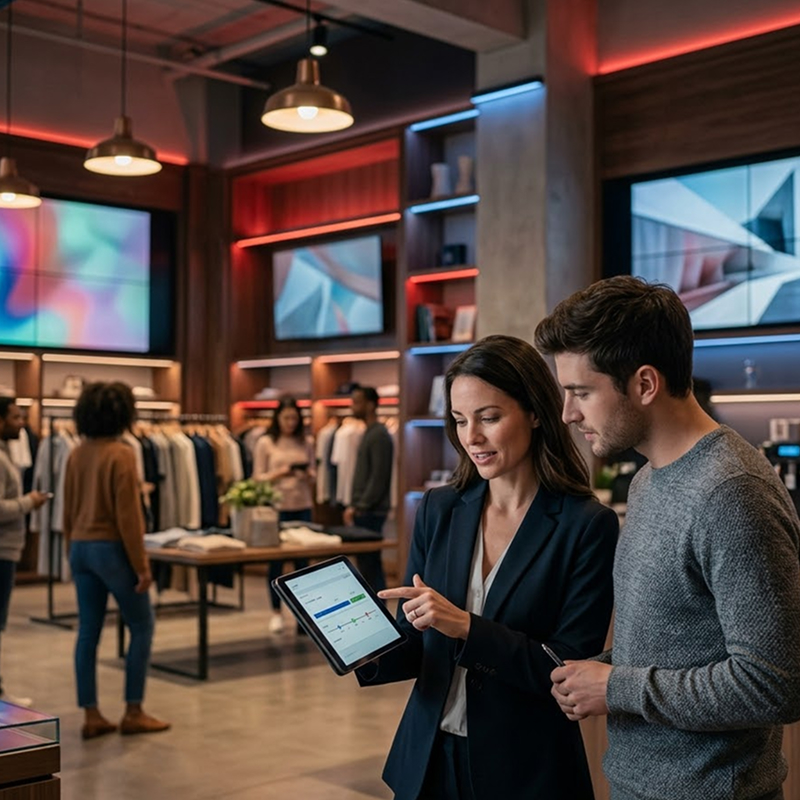 Woman showing a man data on a tablet inside a modern clothing store with customers in background.