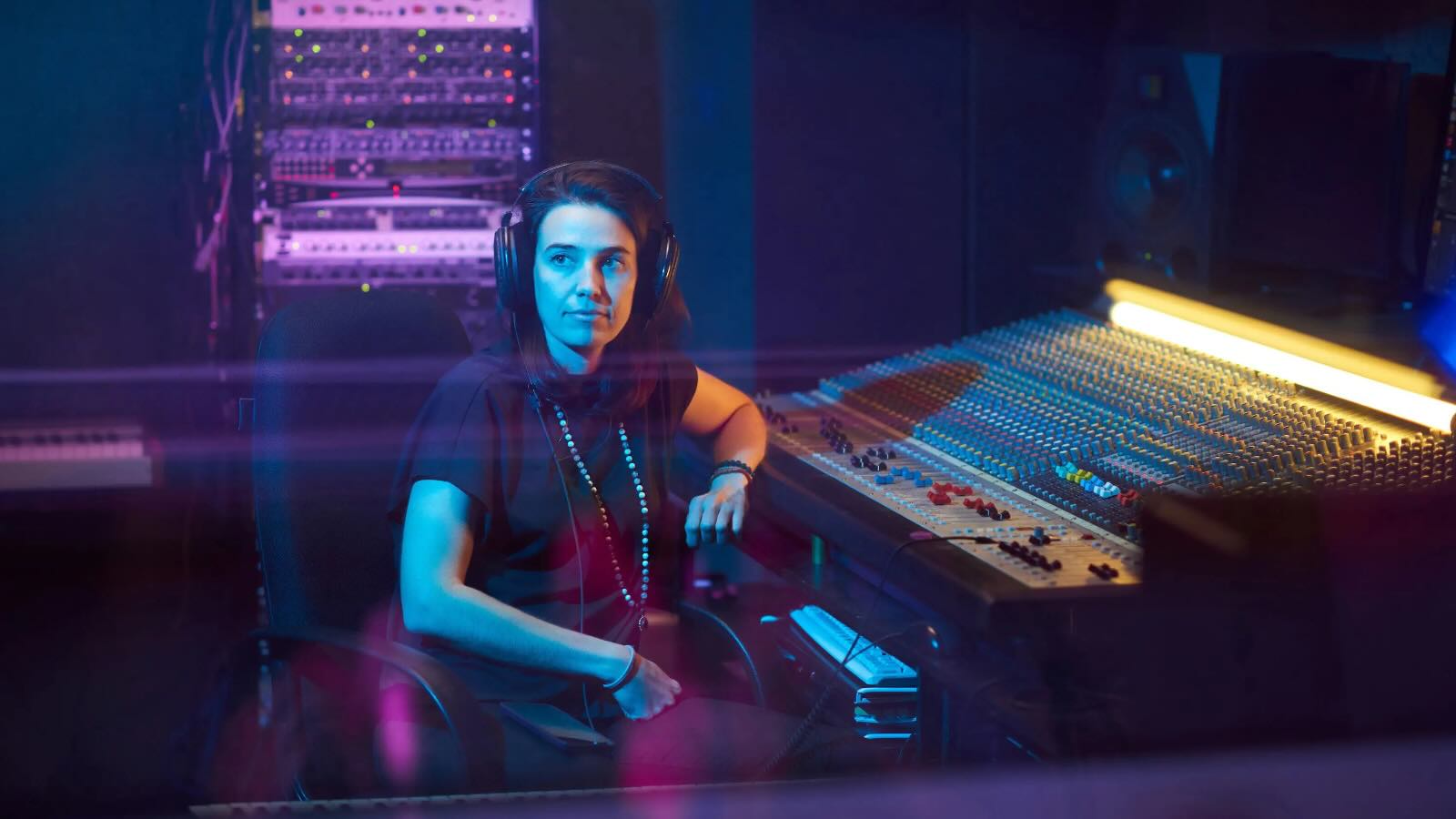 Woman wearing headphones sitting at a sound mixing console in a music or radio studio.