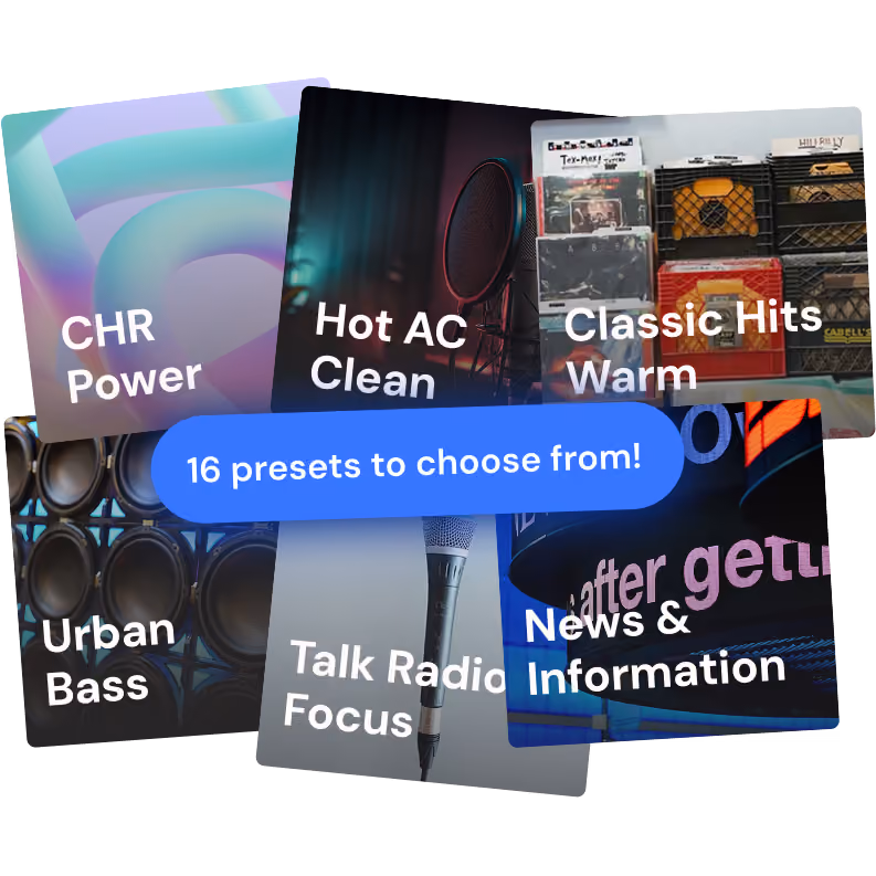 Six music preset cards labeled CHR Power, Hot AC Clean, Classic Hits Warm, Urban Bass, Talk Radio Focus, News & Information.