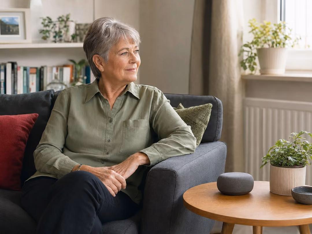 Older woman sitting on a gray couch looking out the window with a smart speaker on a nearby wooden table.