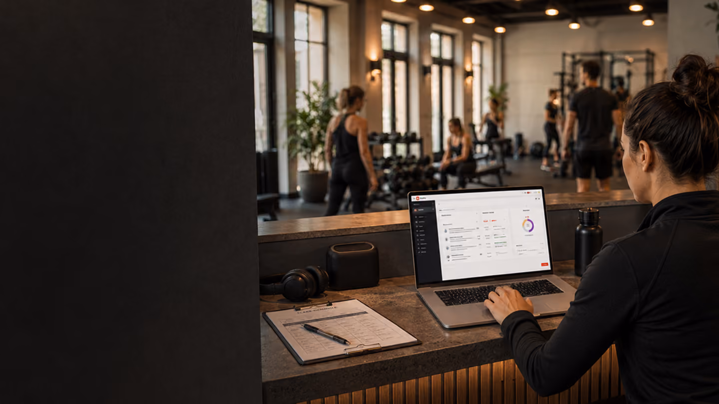 Person using a laptop at gym reception desk with workout schedule and gym patrons in the background.