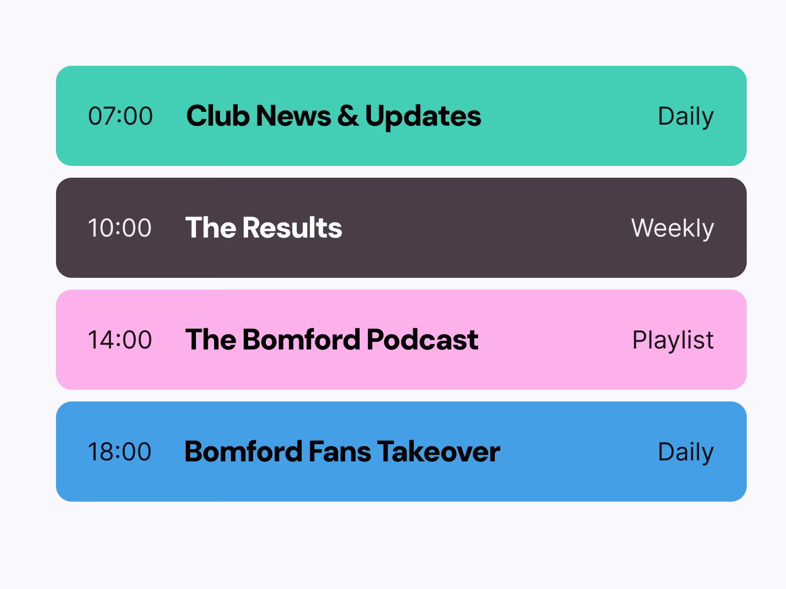 4 rows of shows from a schedule radio station.
