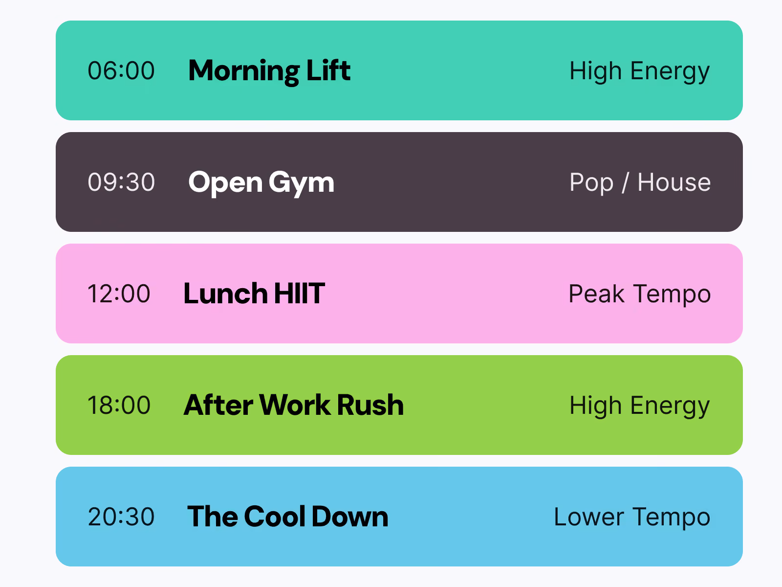 Daily fitness schedule with times and workout types: Morning Lift, Open Gym, Lunch HIIT, After Work Rush, The Cool Down.