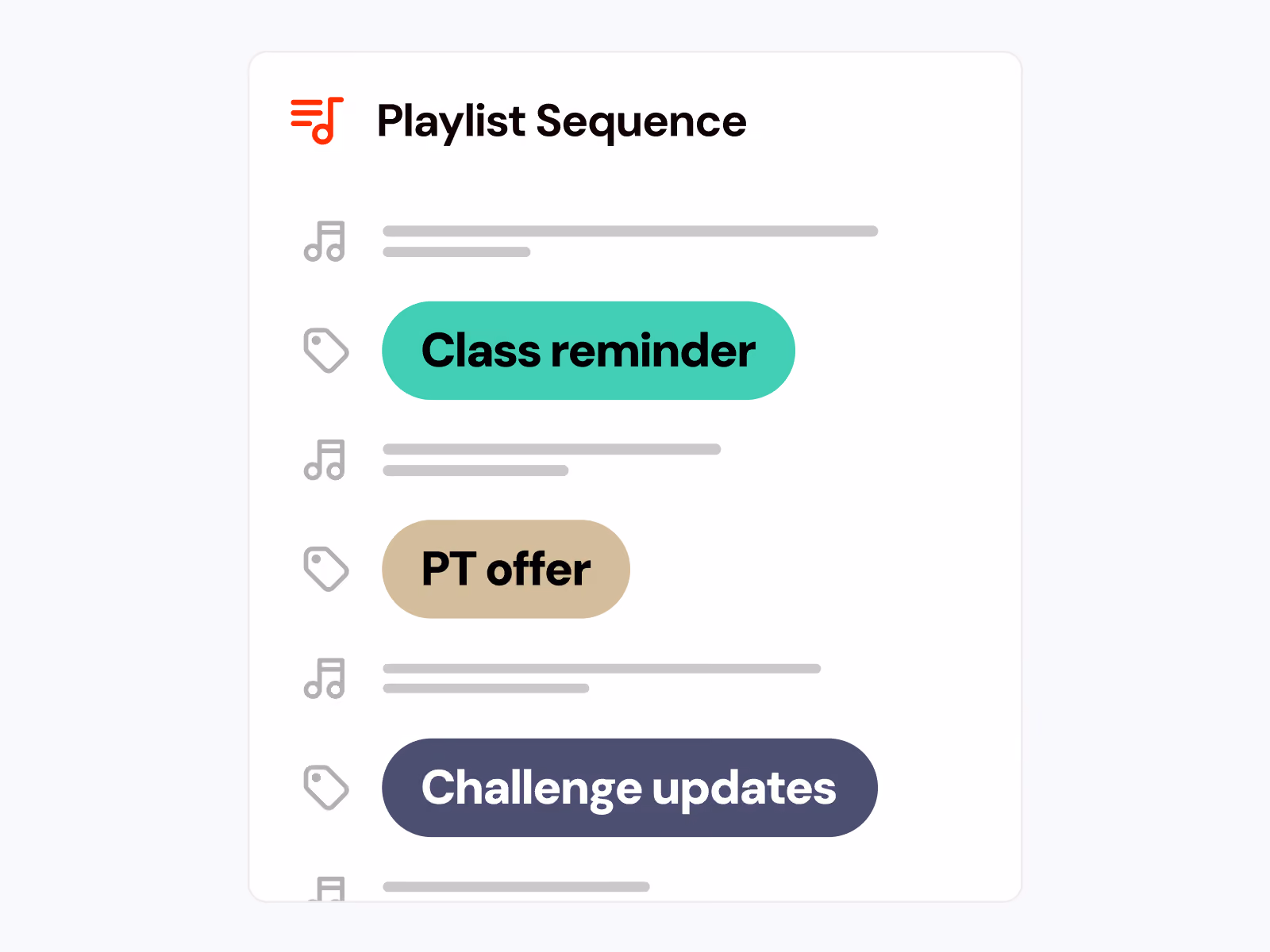 Playlist sequence showing tags: Class reminder, PT offer, and Challenge updates in different colors.