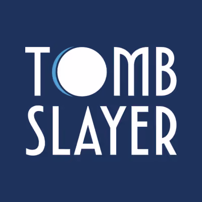 Text reading 'TOMB SLAYER' with a moon-like circle replacing the letter O on a dark blue background.