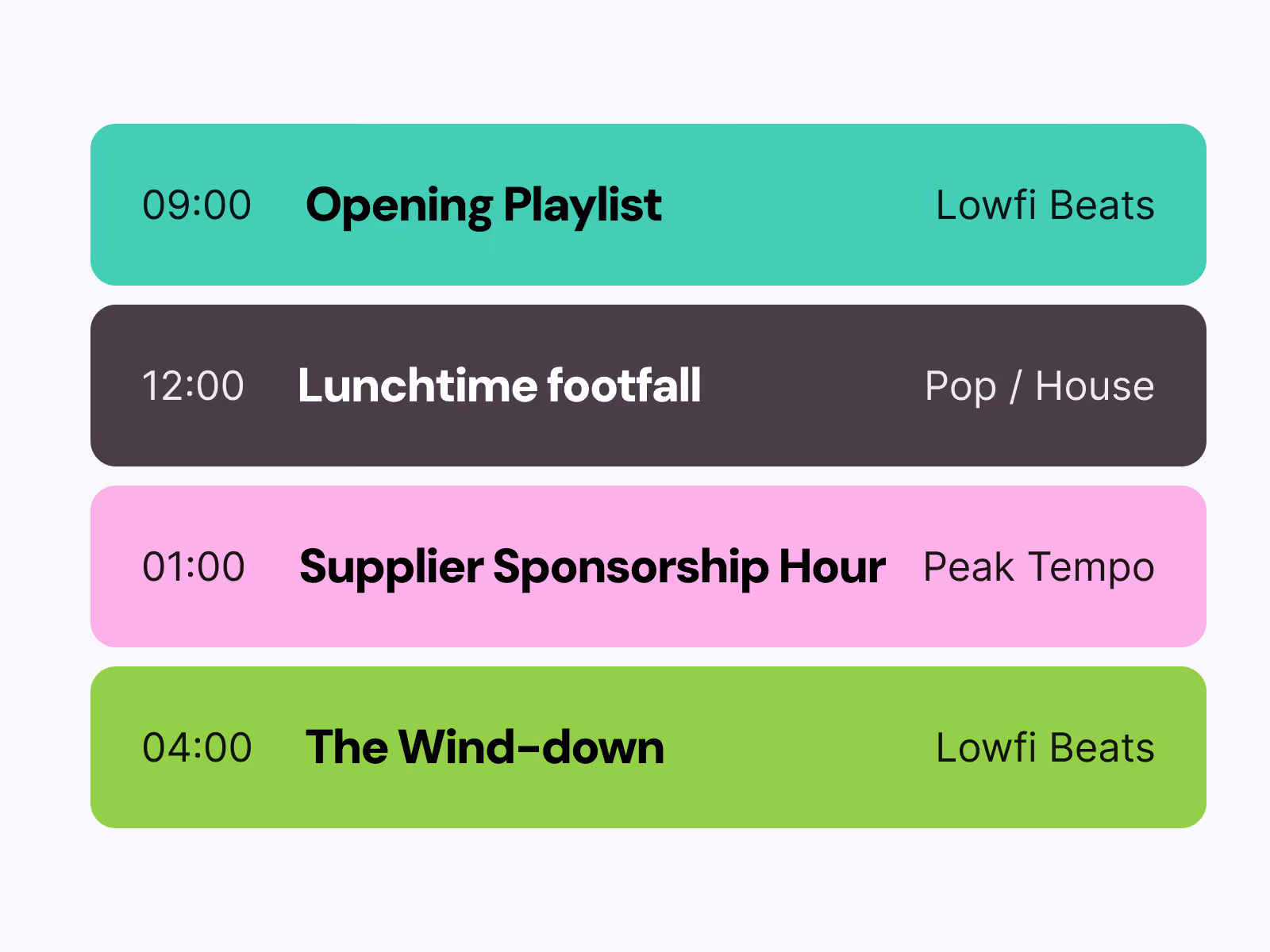 4 rows of shows from a schedule radio station.