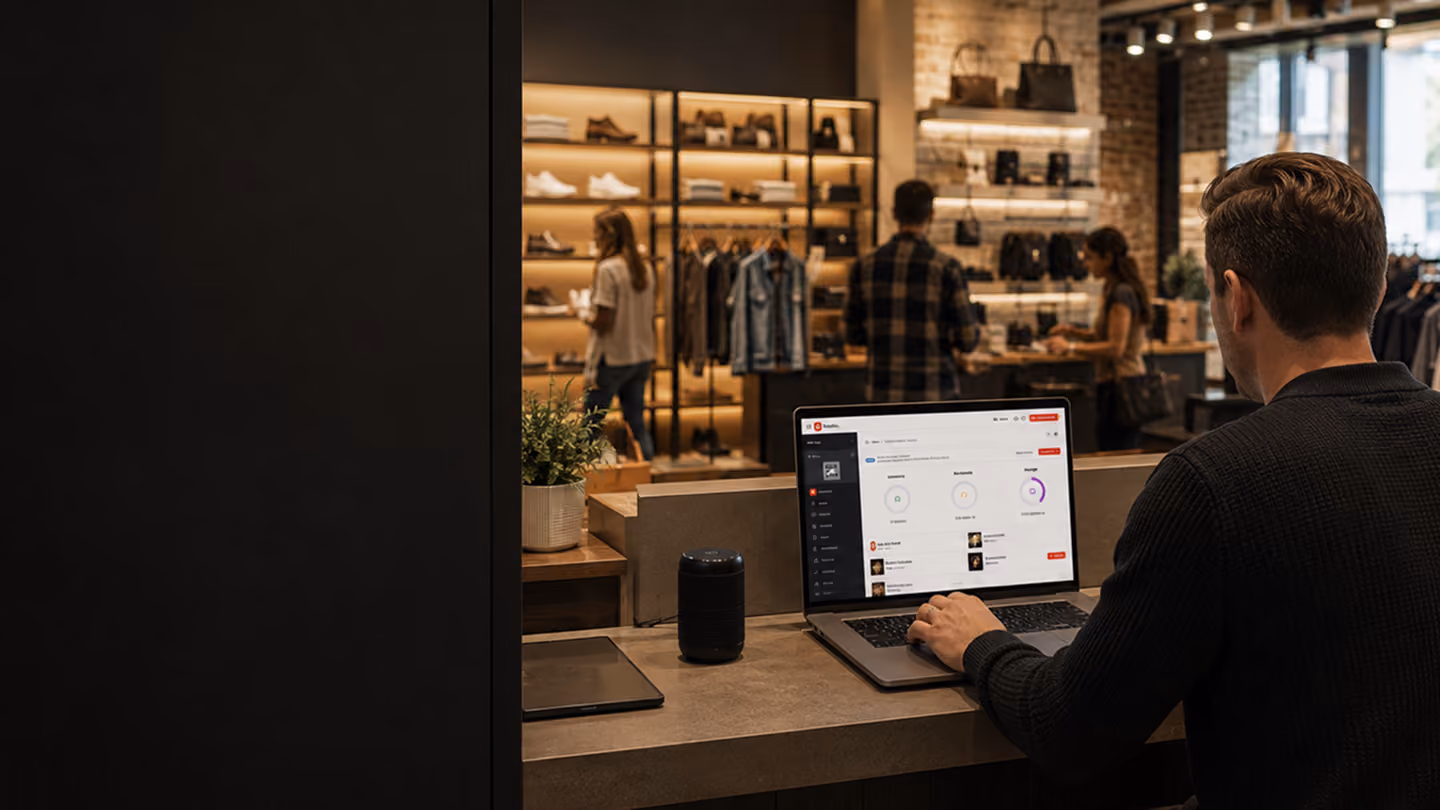 Man using a laptop at a store counter with shelves of shoes, clothing, and bags in the background.