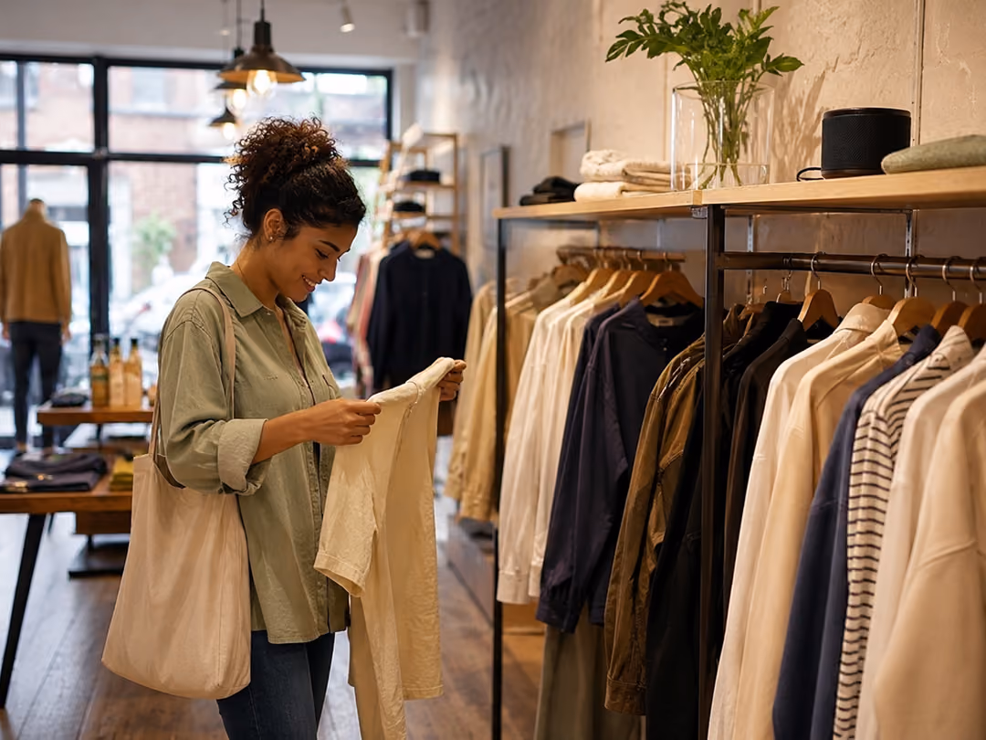 Woman with tote bag examining a beige shirt in a clothing store aisle with hanging shirts.
