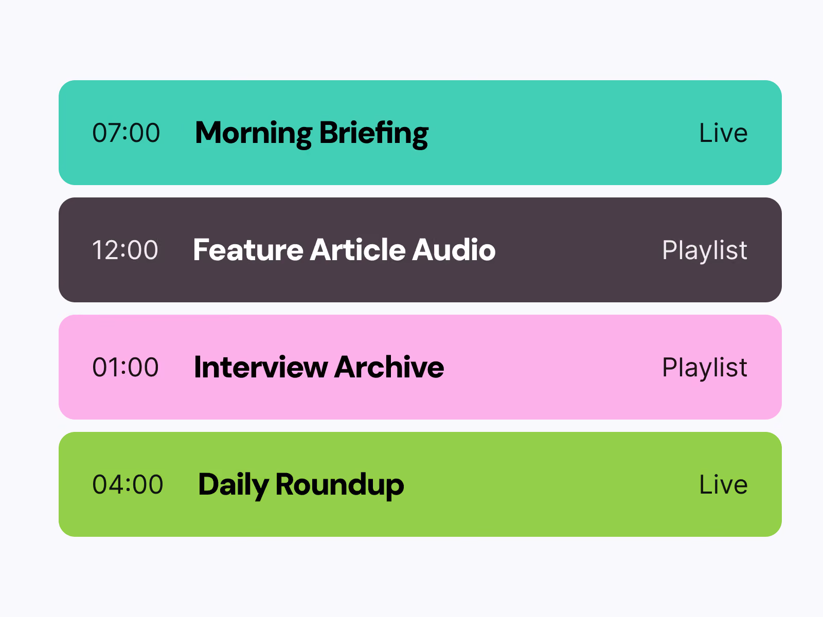 4 rows of shows from a schedule radio station.