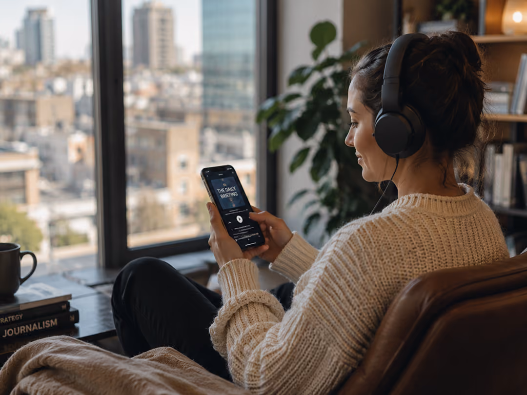 Woman wearing headphones relaxes in chair looking at phone playing a podcast titled The Daily Briefing.