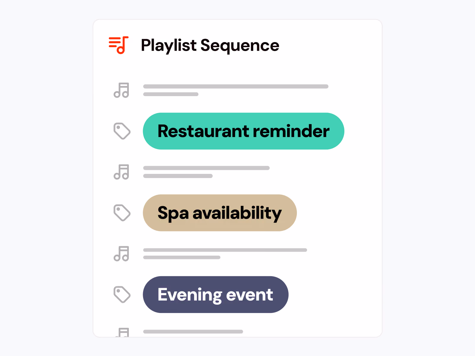 Playlist Sequence with highlighted tags: Restaurant reminder, Spa availability, and Evening event.