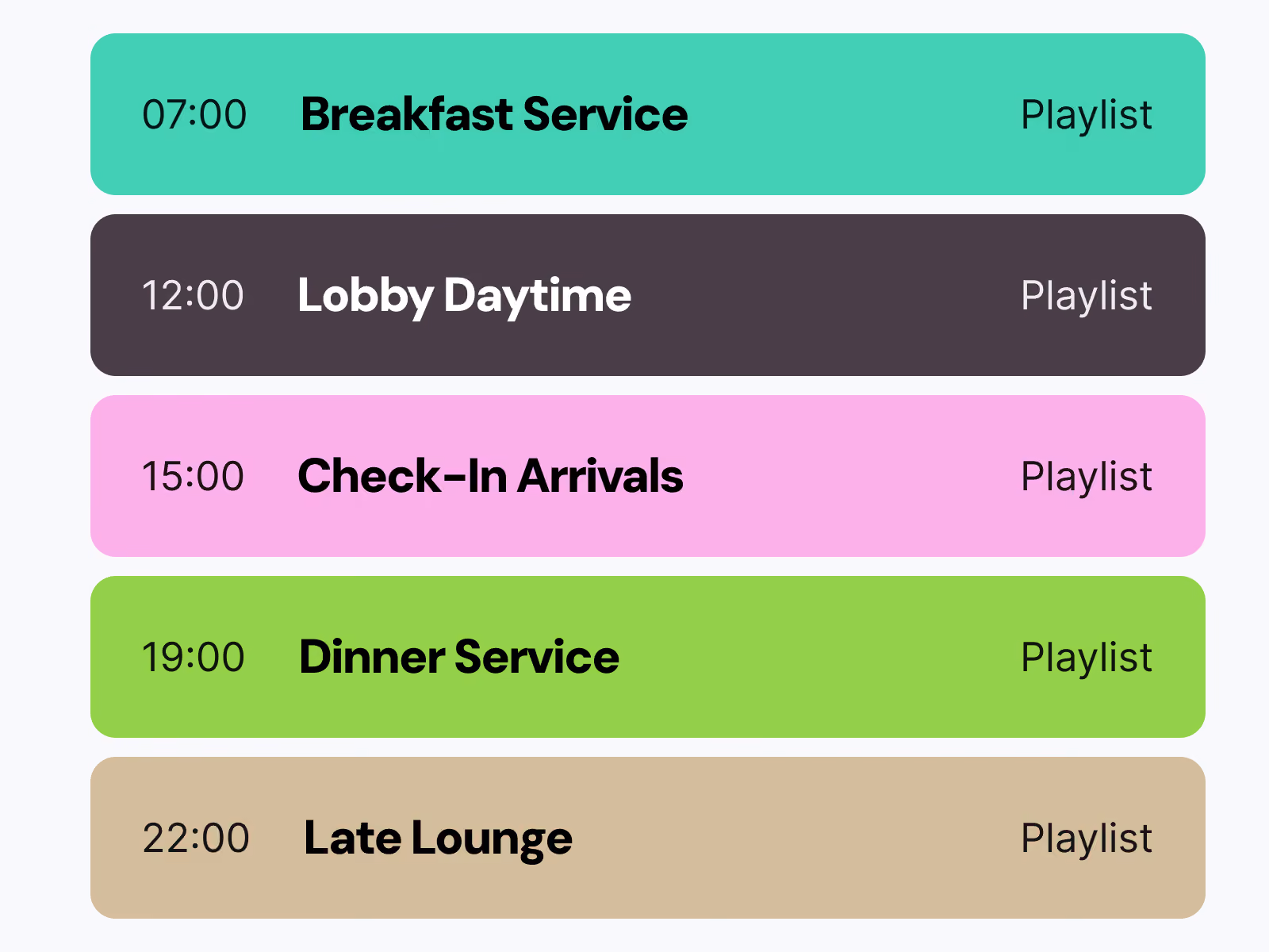 Schedule showing Breakfast, Lobby Daytime, Check-In, Dinner, and Late Lounge services with playlist links.