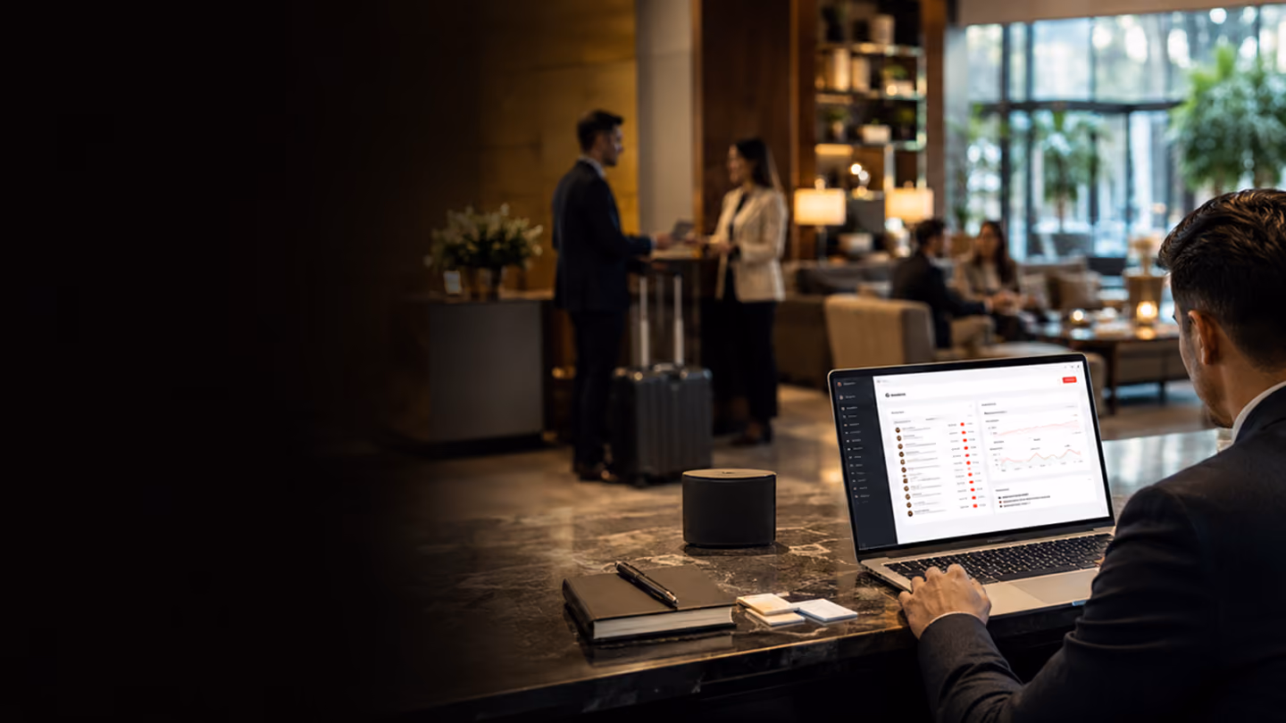 Person in suit using laptop at hotel desk while guests check in with suitcases in background.