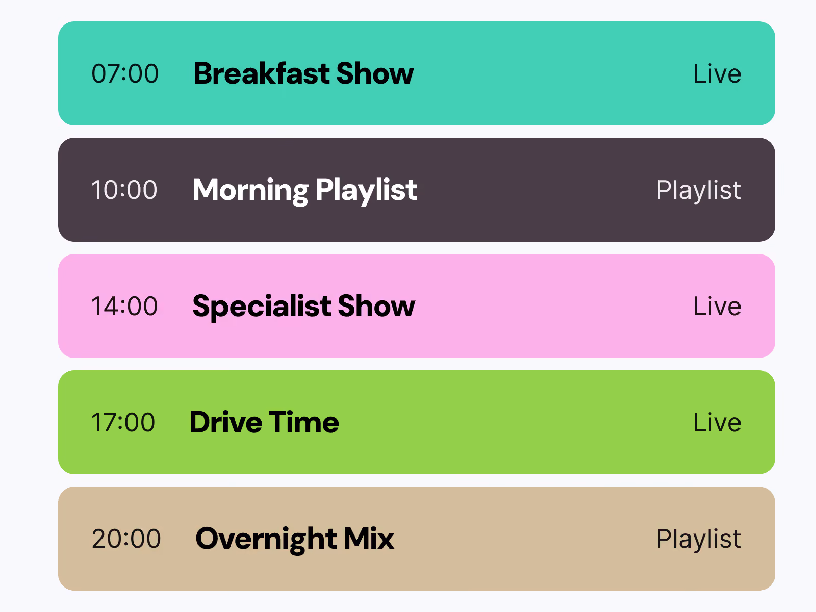 4 rows of shows from a schedule radio station.