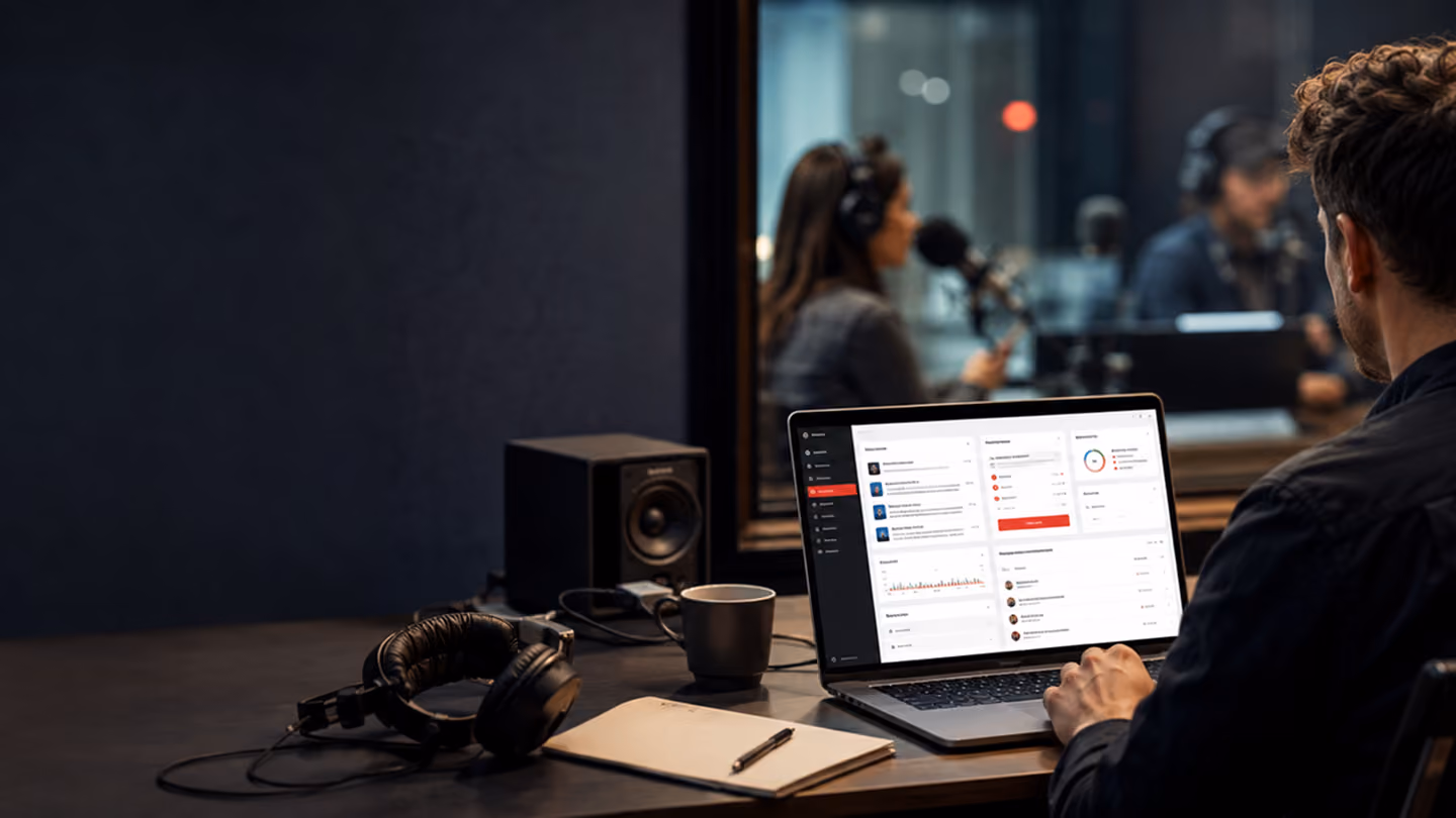 Man using a laptop with audio software in a recording studio with a woman speaking into a microphone.