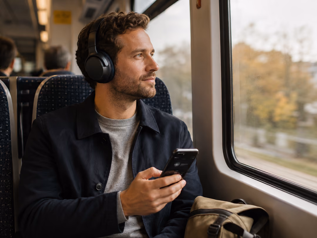 Man wearing headphones looking out train window while holding a smartphone and sitting with a backpack.