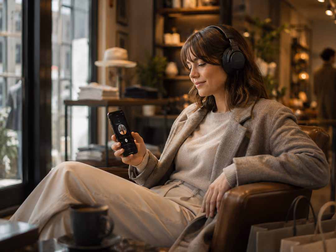 Woman wearing headphones sitting in a chair listening to audio on her smartphone in a cozy cafe.