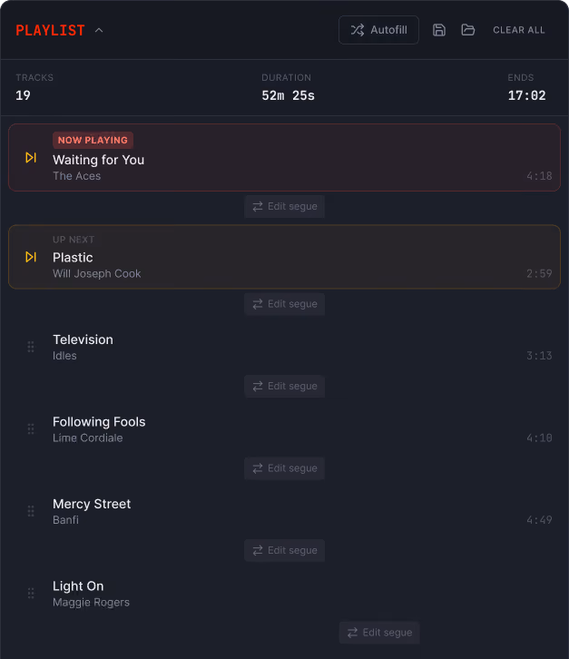 Music playlist showing 19 tracks, now playing 'Waiting for You' by The Aces, next 'Plastic' by Will Joseph Cook.