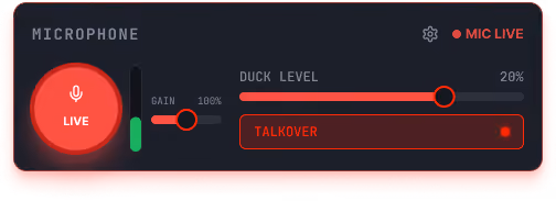 Microphone interface showing live status, gain at 100%, duck level at 20%, talkover enabled.