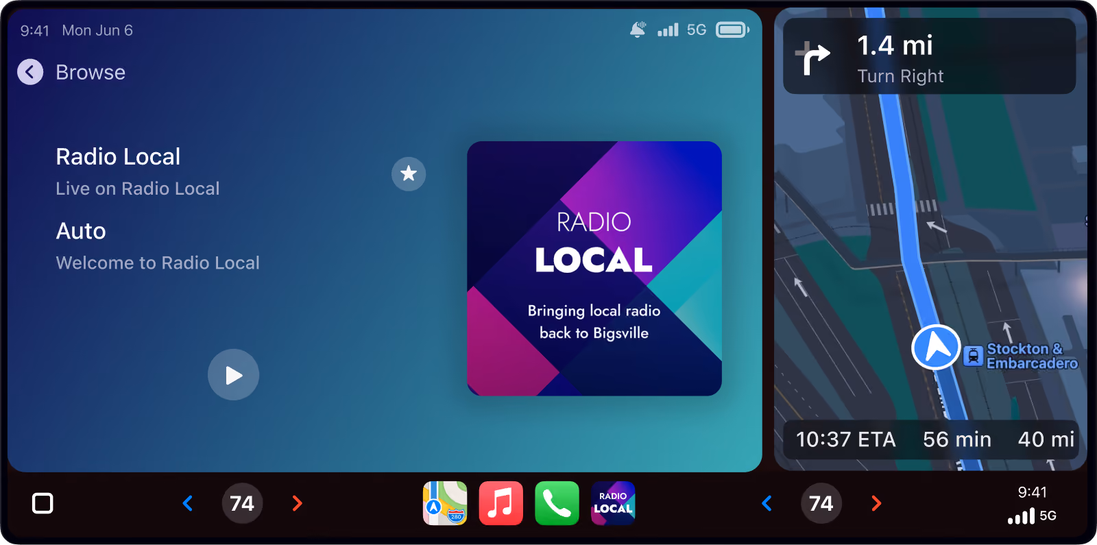 Car dashboard screen showing Radio Local playing and navigation map with turn right in 1.4 miles.