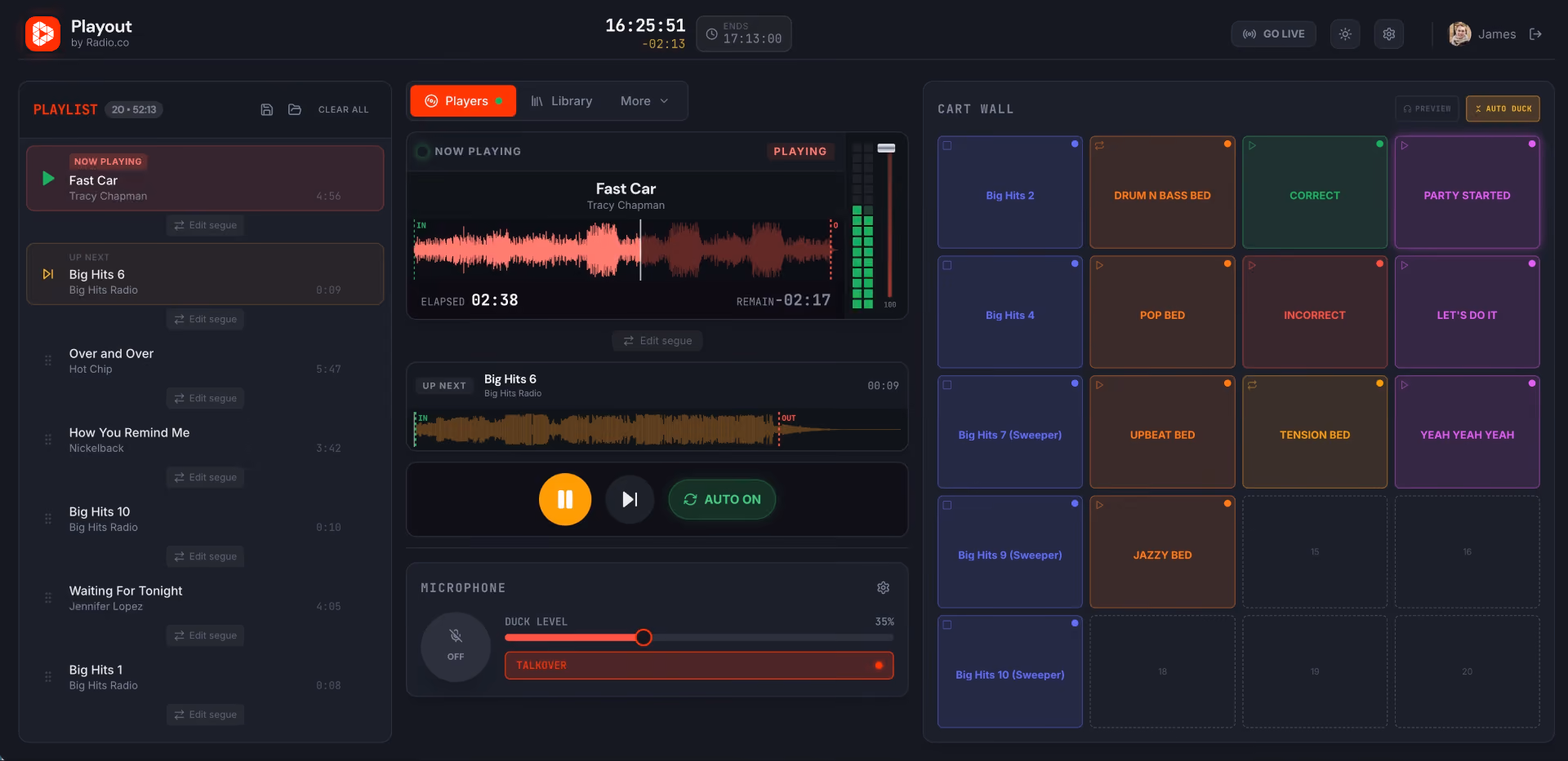 Radio.co Playout interface showing playlist, current track Fast Car, waveforms, and sound controls.