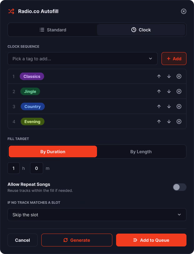 Radio.co Autofill interface showing clock sequence tags, fill target by duration, and options to generate or add to queue.