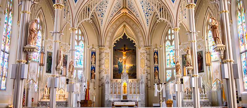 Inside a large church hall.