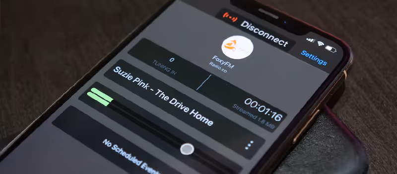 A mobile phone showing an app to broadcast to a radio station.
