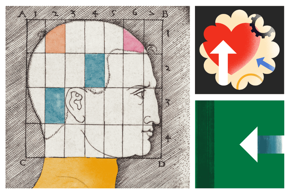 Collage and vector digital illustration in pop art style with head, hearts and arrows. 