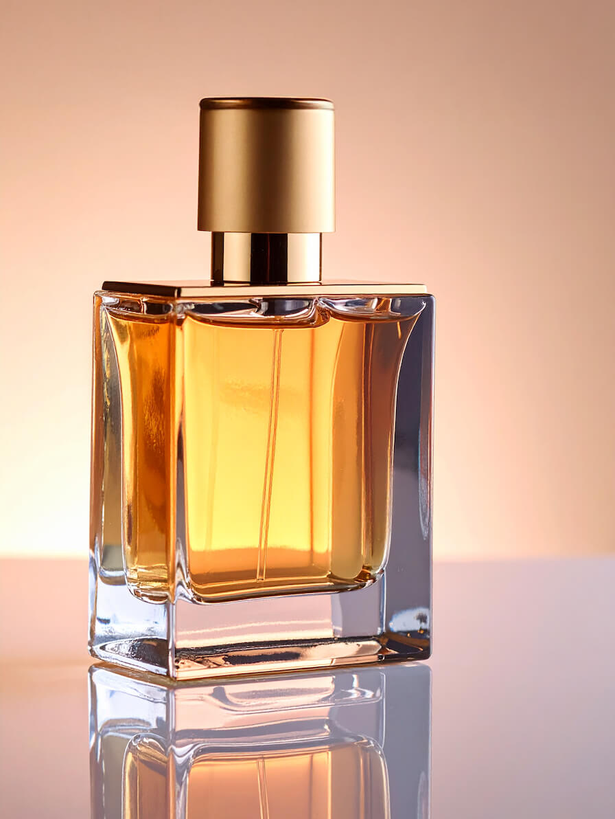 Product shot of a bottle of aftershave on a cream gradient background. 