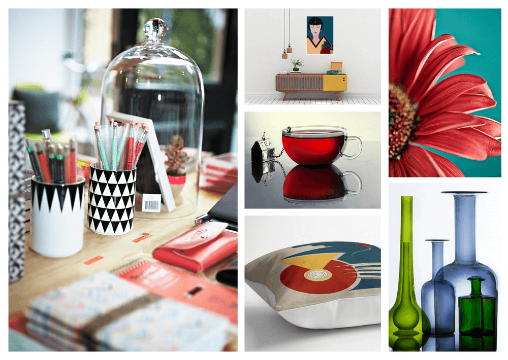 A gallery style collection of images showing various aspects of product photography including macro shots of a flower, a cushion, translucent bottles and red tea in a glass cup. 