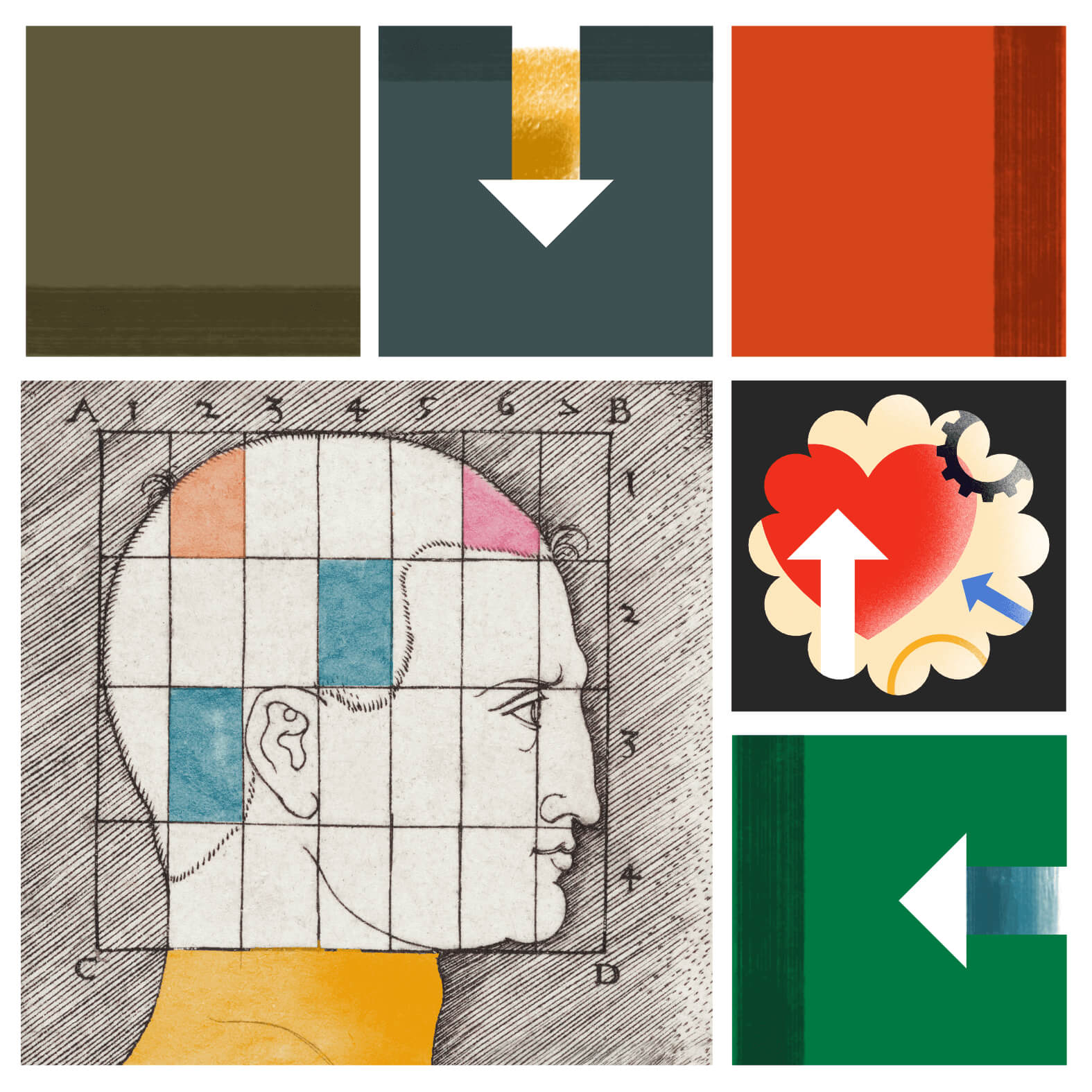 Collage illustration of pop art elements and vintage head in grid composition. 