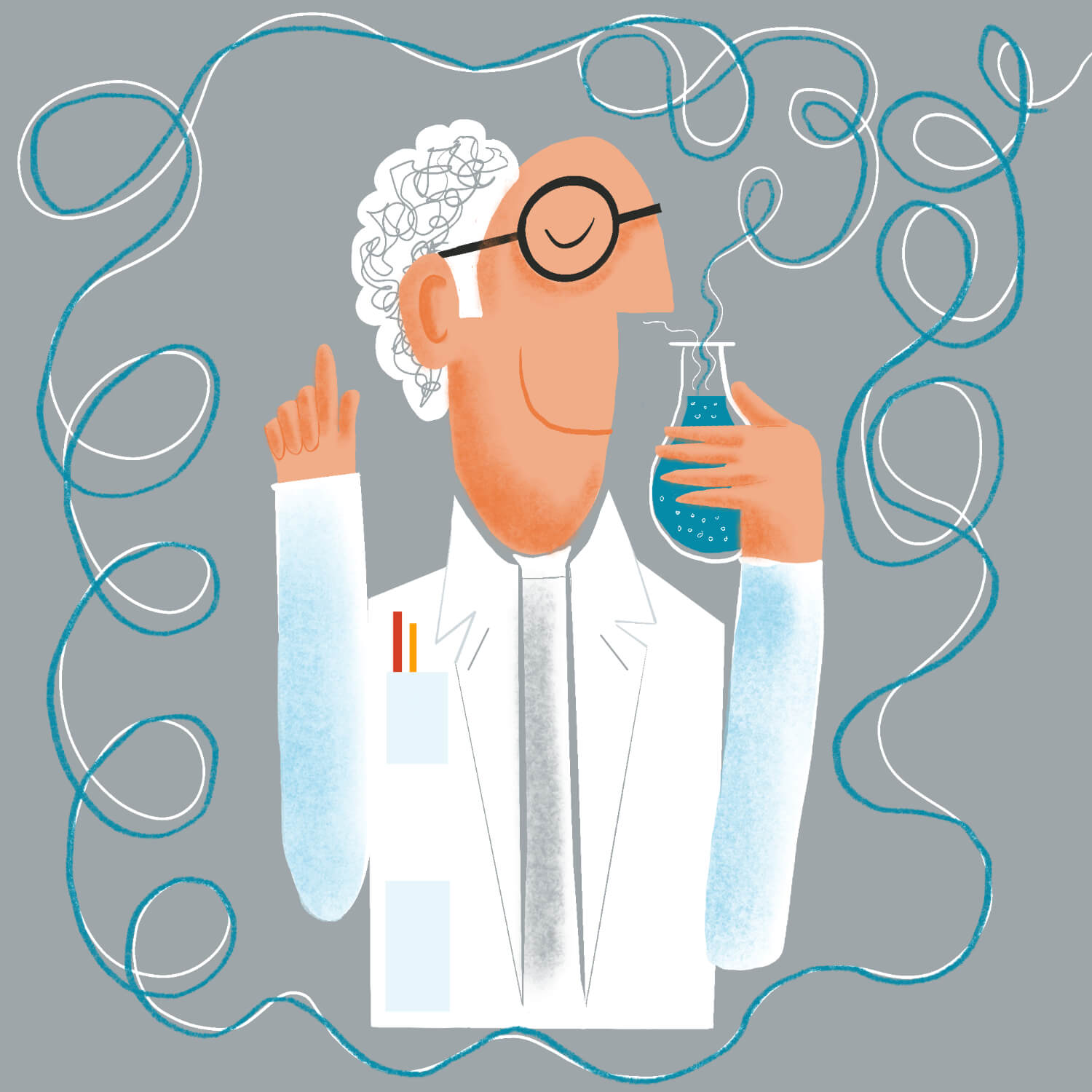 Vector illustration of a professor in a white lab coat smelling a test tube that fills the air. 