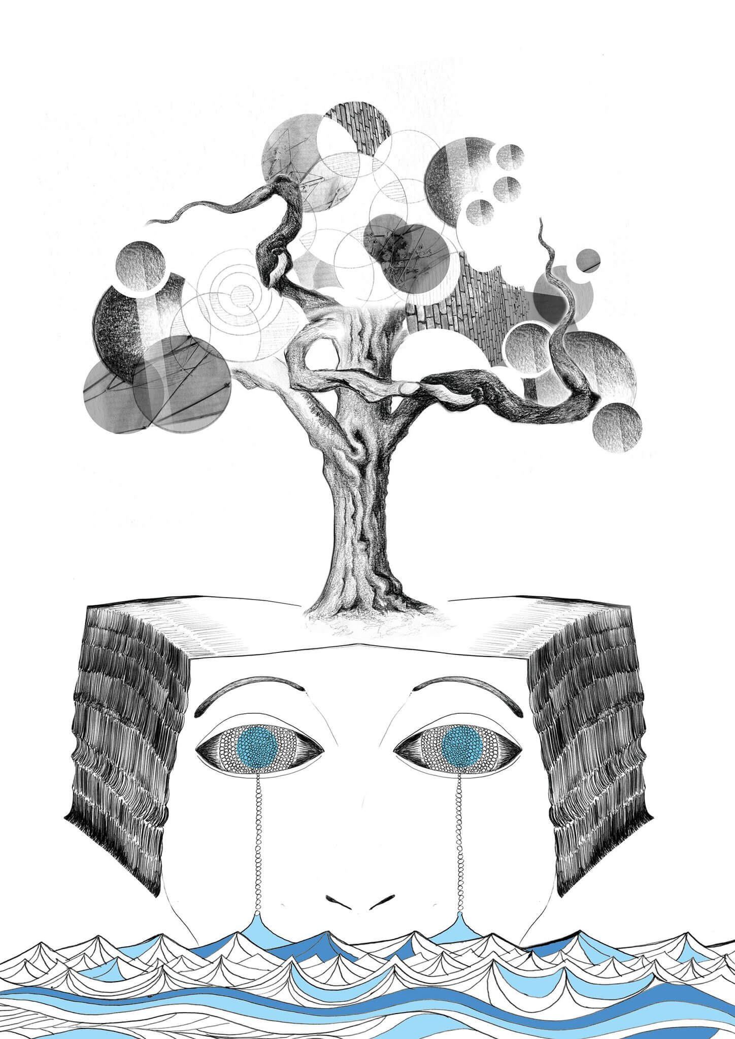 Hand drawn illustration of tree of life with head crying tears below. 
